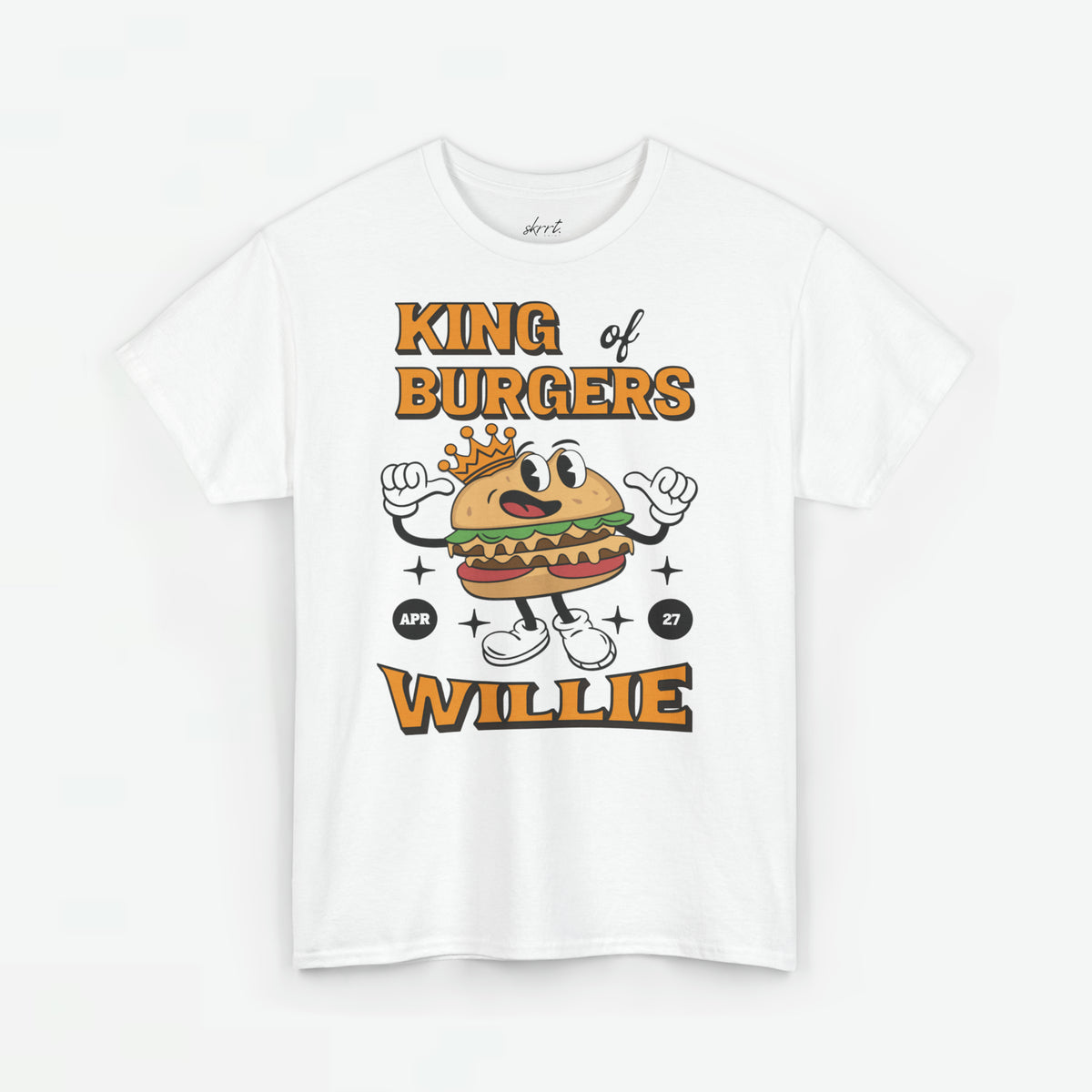 Wit T-shirt met frontprint: cartoon-burger met kroon en ‘WILLIE’
