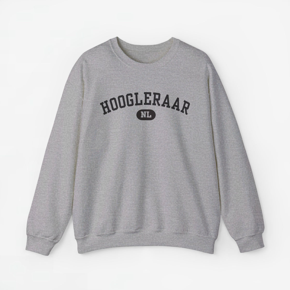 Lichtgrijze sweater met ronde hals en lange mouwen, HOOGLEERAAR-print op borst