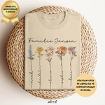 Zandkleurig T-shirt met familienaam en geboortemaandbloemenprint, ronde hals.