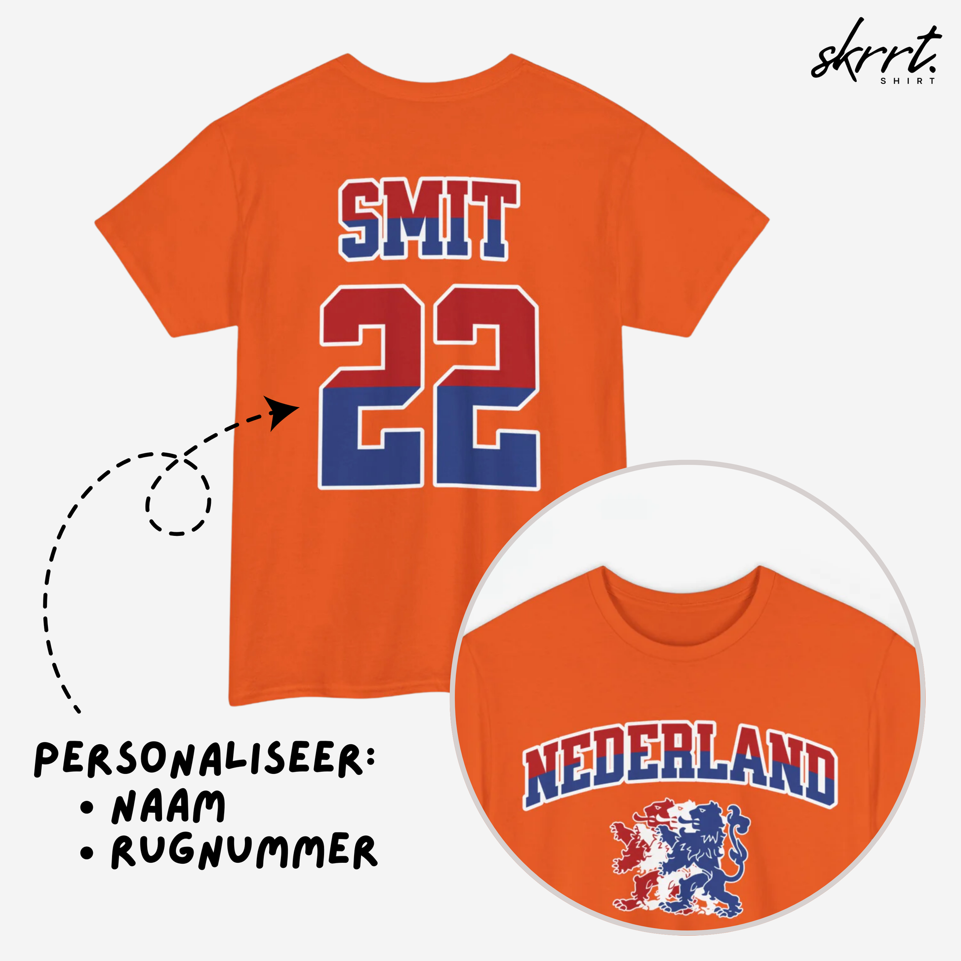 Oranje T-shirt voor EK, WK en Koningsdag - Personaliseer met Naam & Rugnummer - NEDERLAND met Leeuw (rode en blauwe tekst)