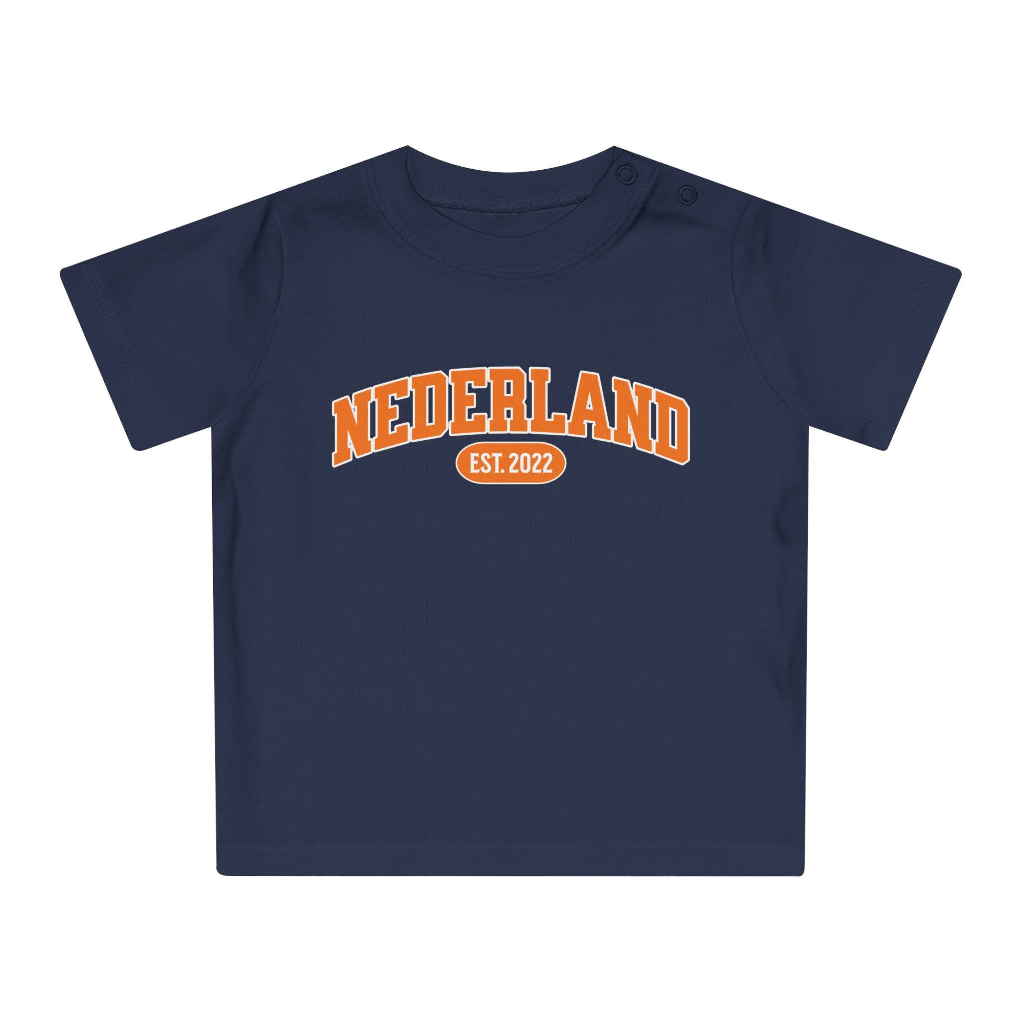 Baby T-shirt voor EK, WK en Koningsdag - Personaliseer met Naam, Jaar & Rugnummer - NEDERLAND