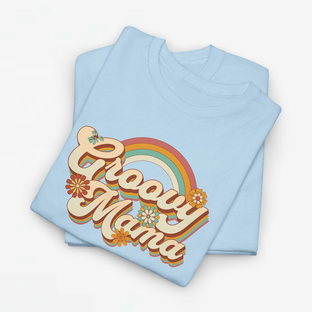 Lichtblauwe oversized t-shirt met ronde hals en regenboog 'Groovy Mama' print