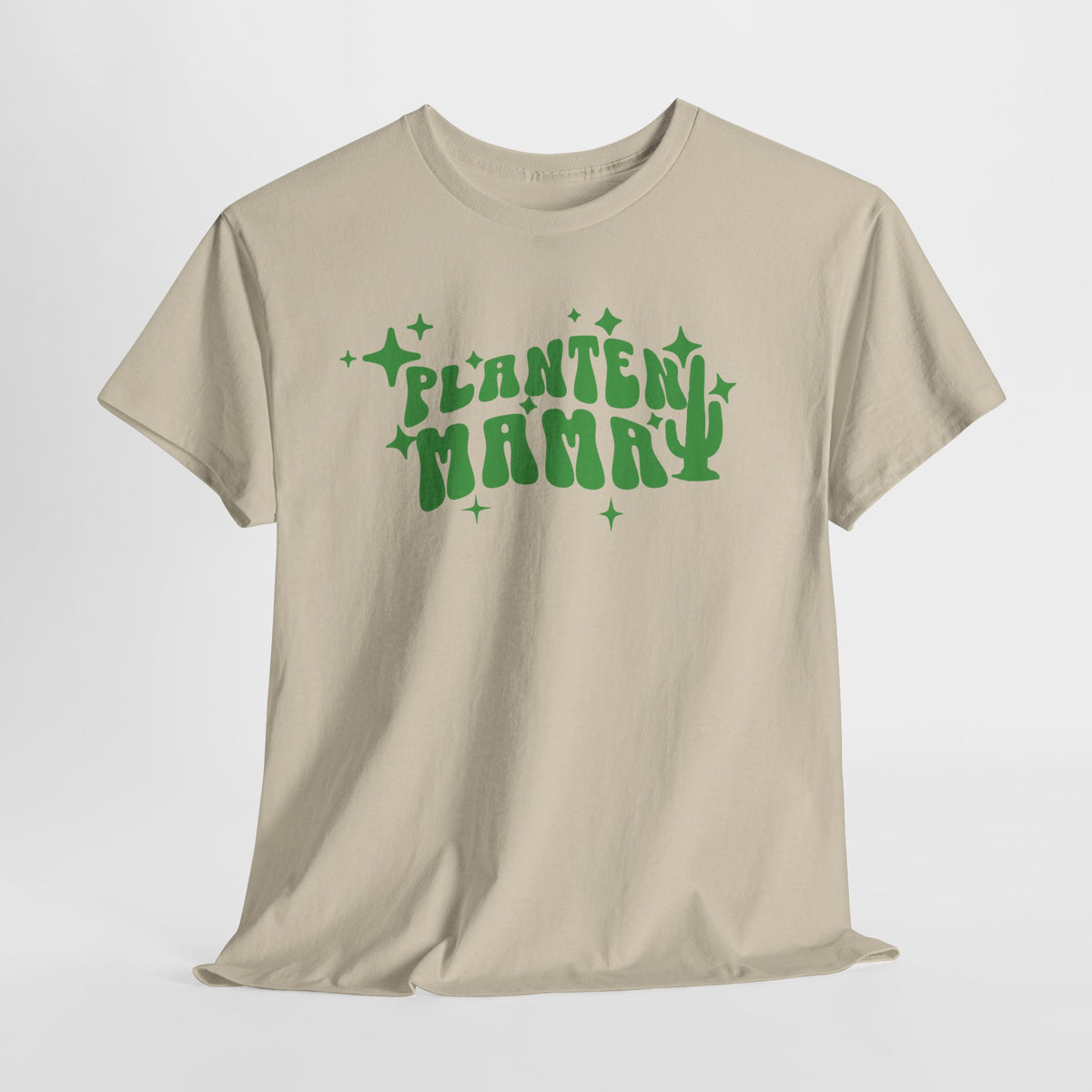 Beige T-shirt met ronde hals en groene PLANTEN MAMMA print op de borst