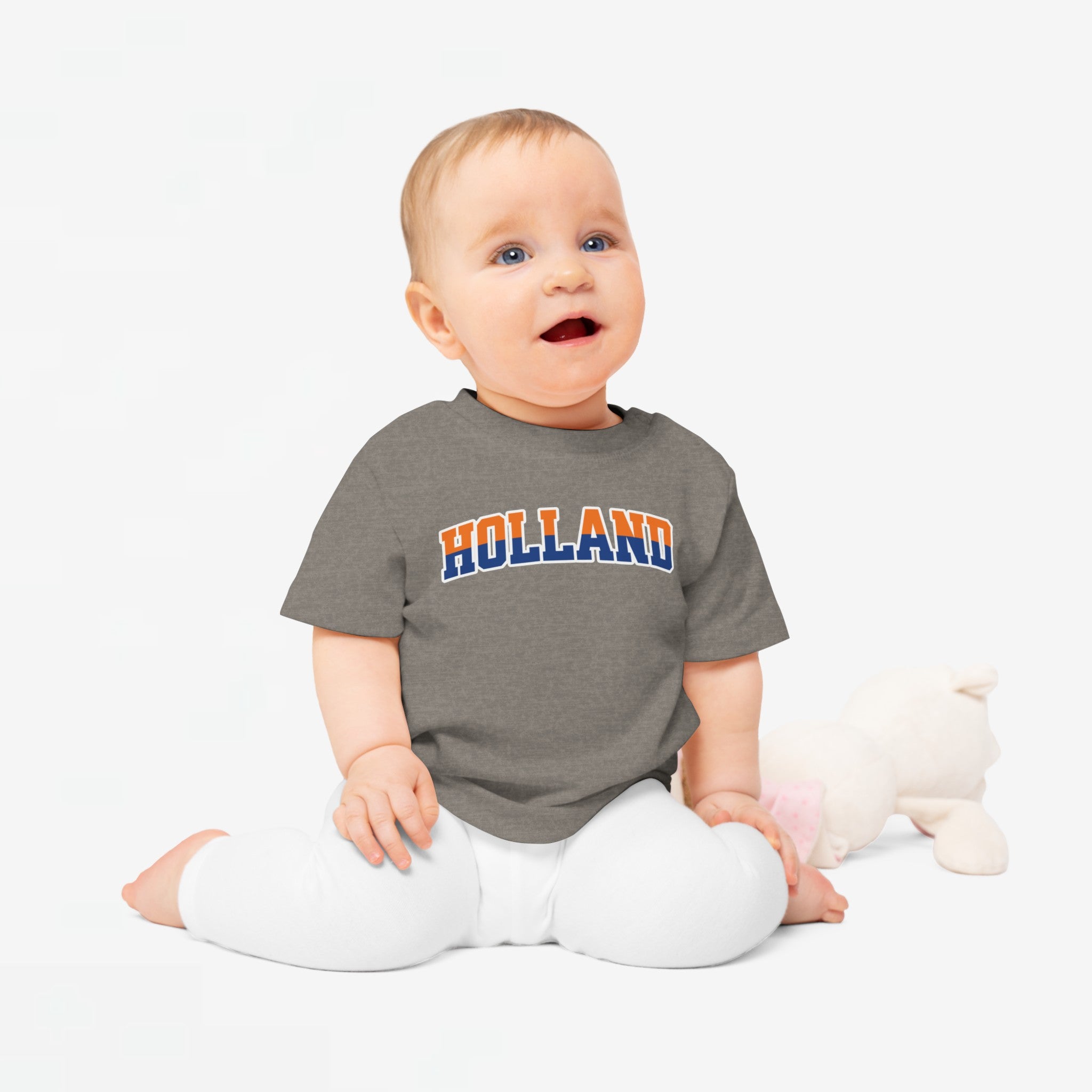 Baby T-shirt voor EK, WK en Koningsdag - HOLLAND - oranje en blauwe tekst