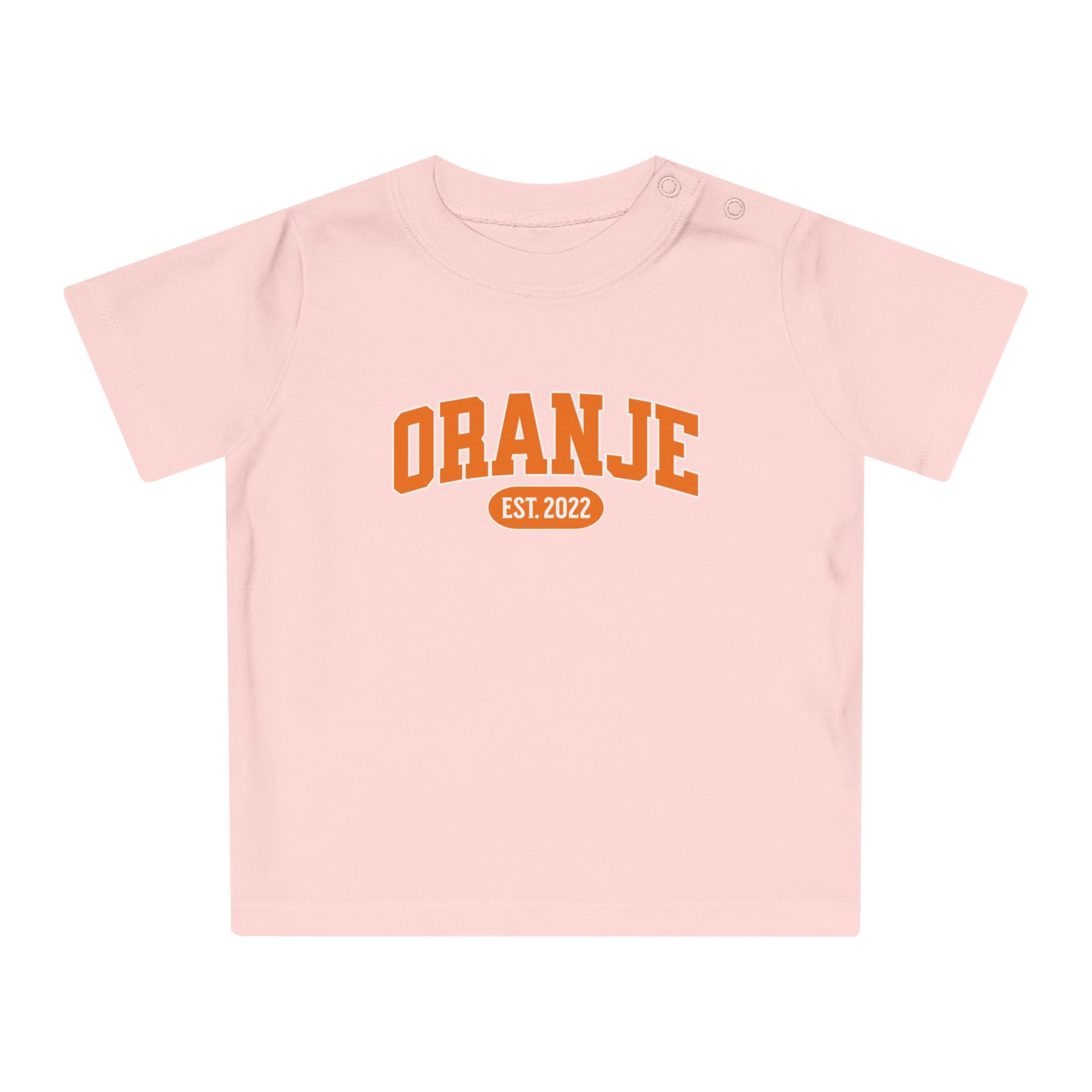 Baby T-shirt voor EK, WK en Koningsdag - Personaliseer met Naam, Jaar & Rugnummer - ORANJE