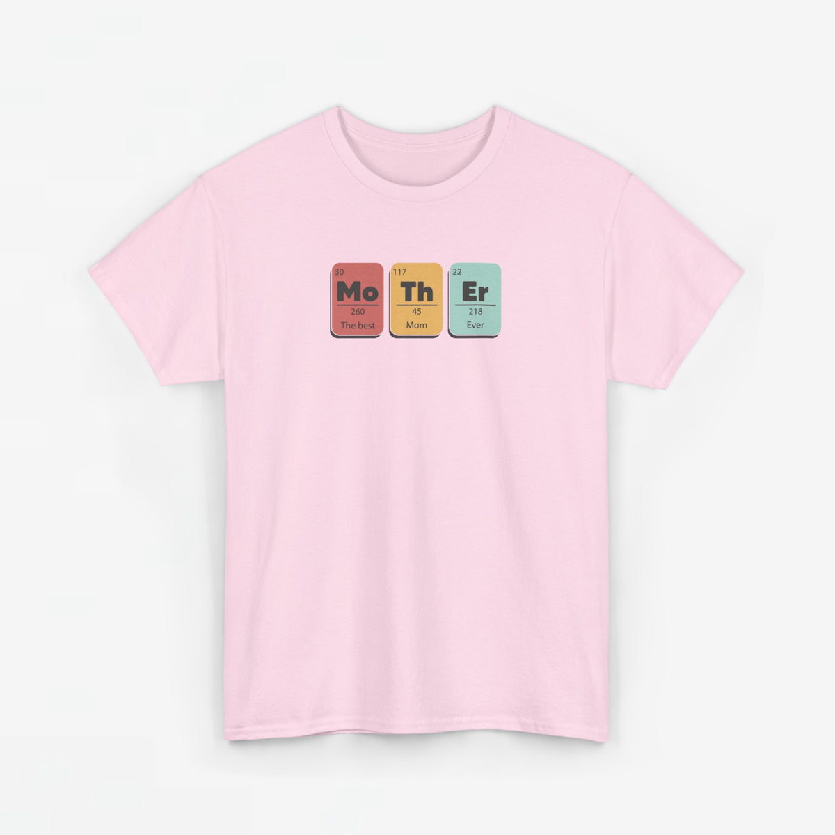 Roze T-shirt met ronde hals en kleine borstprint van gekleurde blokken “Mo Th Er”