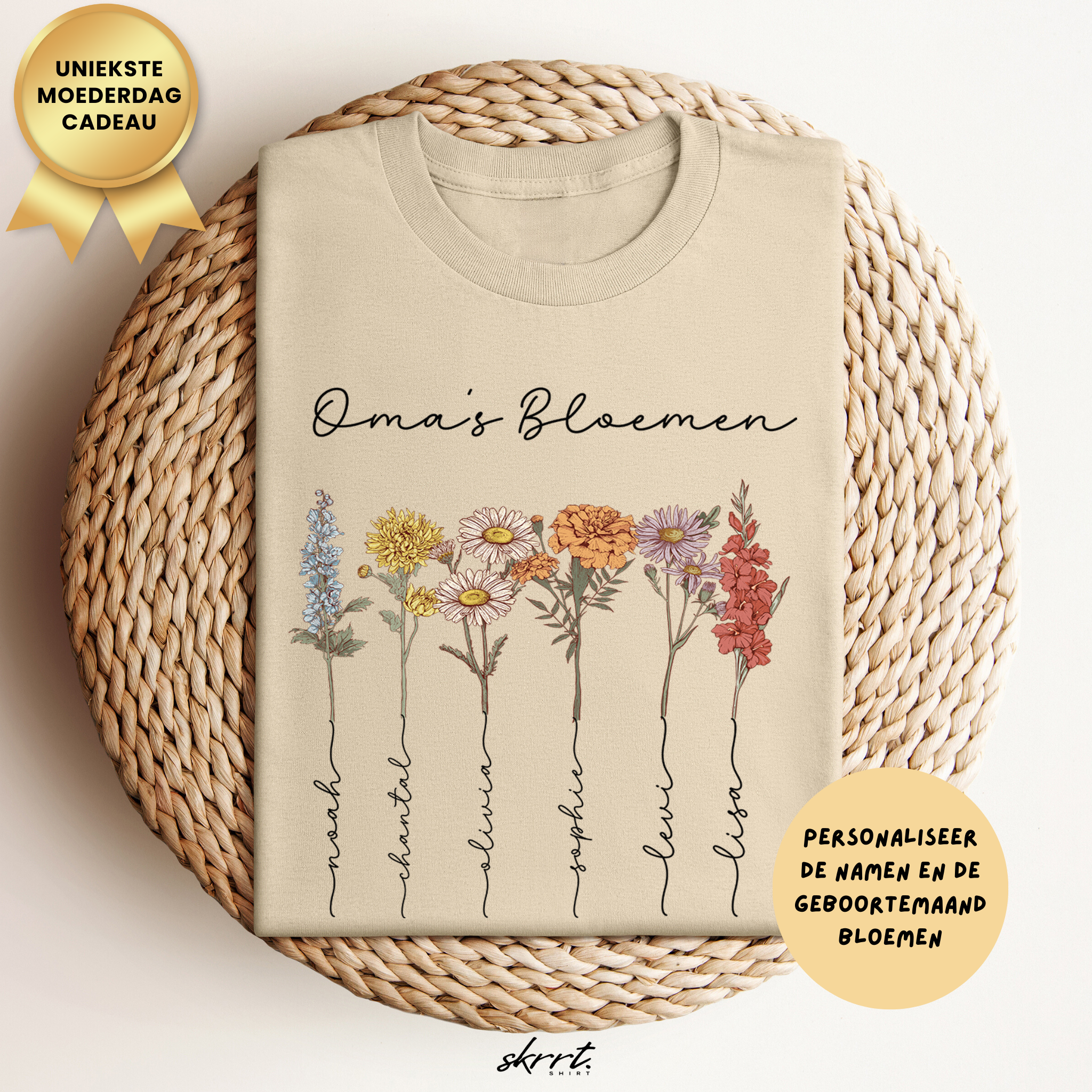 Gepersonaliseerde Moederdag Mama Cadeau - T-shirt - Oma's Bloemen met namen en geboortemaand bloemen (zwarte tekst)