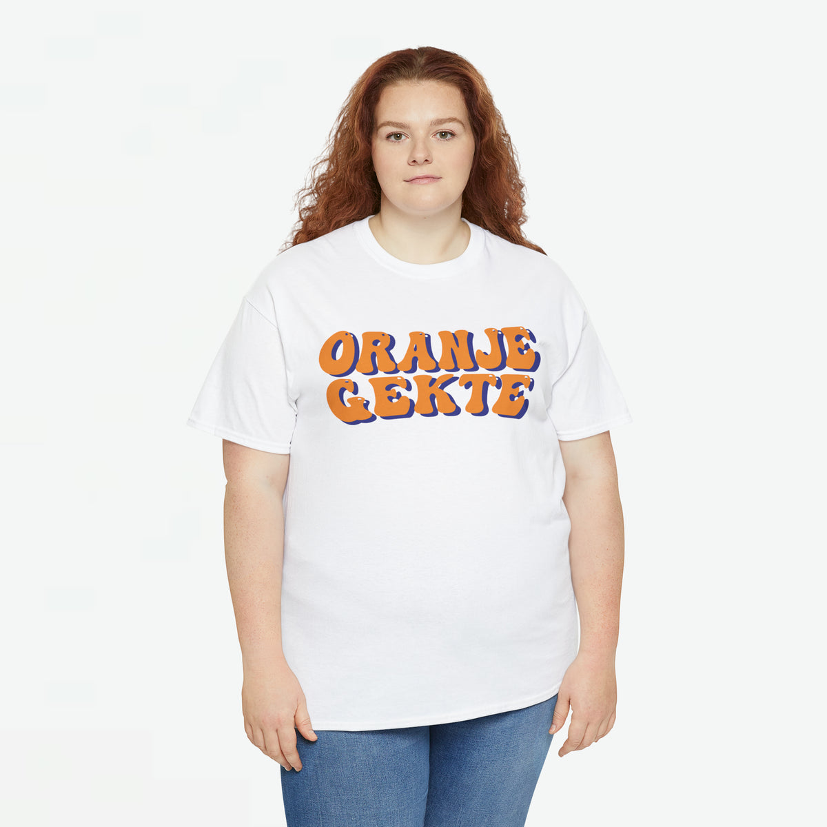 Witte dames T-shirt met oranje tekstprint ORANJE GEKTE op de borst en ronde hals