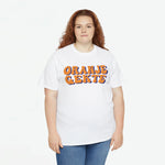 Witte dames T-shirt met oranje tekstprint ORANJE GEKTE op de borst en ronde hals