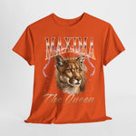 Oranje T-shirt met grote leeuwenkopprint en tekst “The Queen” en “MAXIMA”.