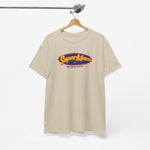 Oversized beige t-shirt met SuperMam-logo, hangend