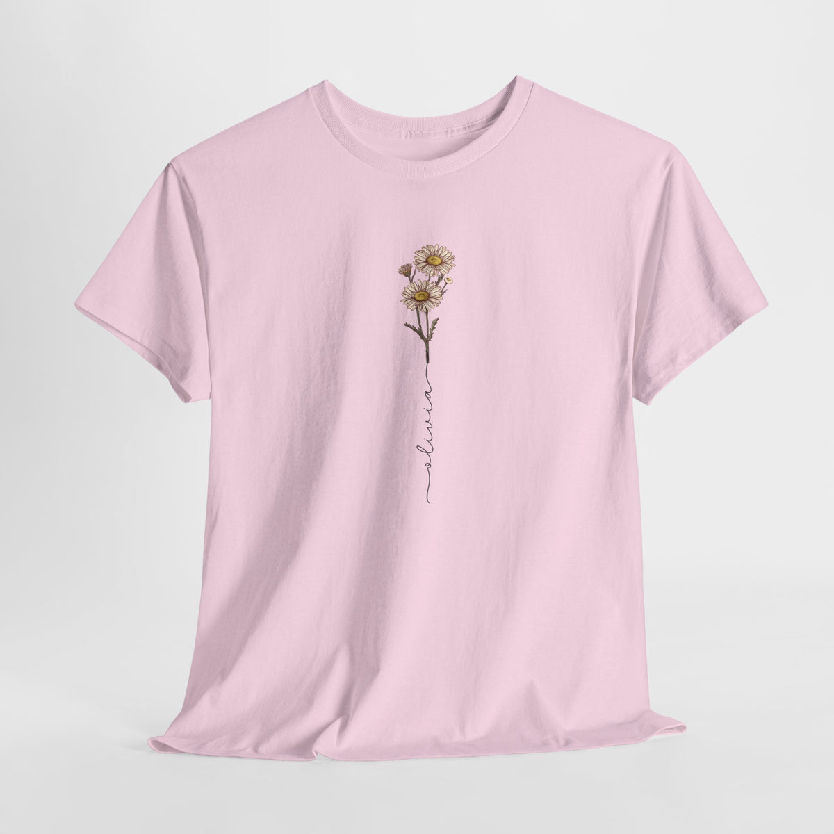 Roze T-shirt met kleine bloemprint op de borst, van voren
