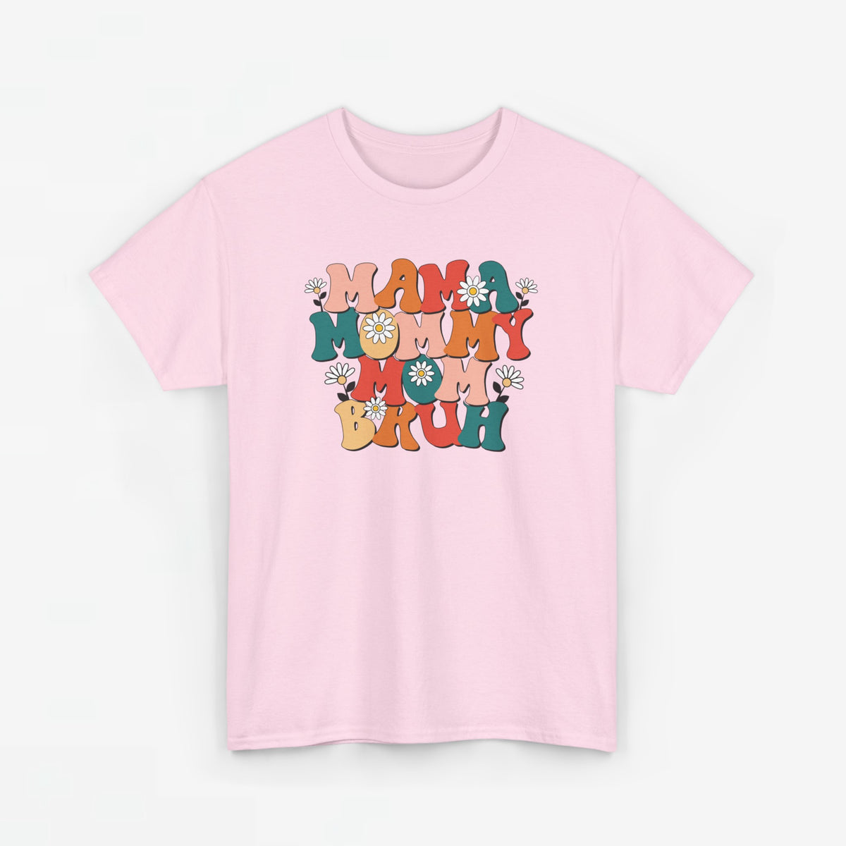 Oversized roze t-shirt met ronde hals en kleurrijke Mama/Mommy/Bruh print