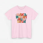 Oversized roze t-shirt met ronde hals en kleurrijke Mama/Mommy/Bruh print