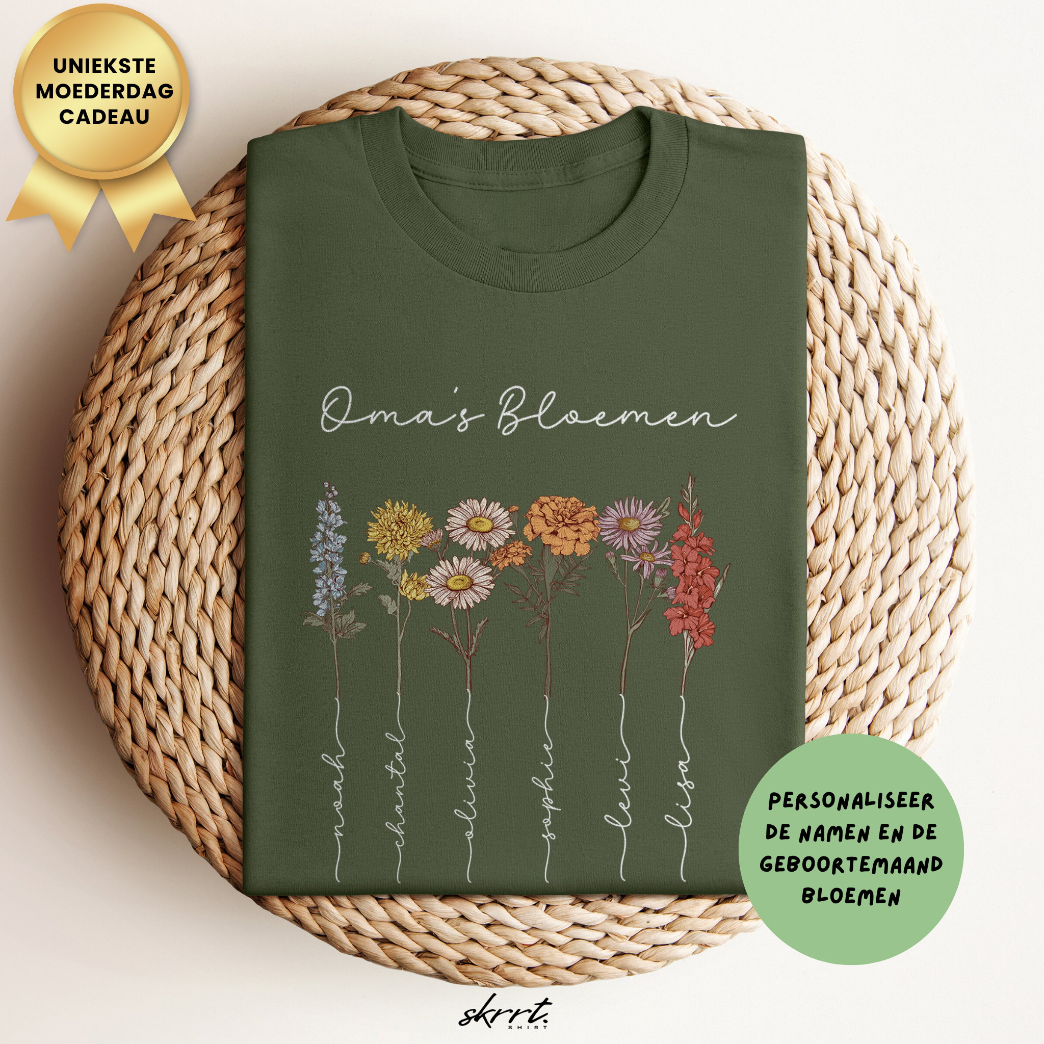 Gepersonaliseerde Moederdag Mama Cadeau - T-shirt - Oma's Bloemen met namen en geboortemaand bloemen (witte tekst)