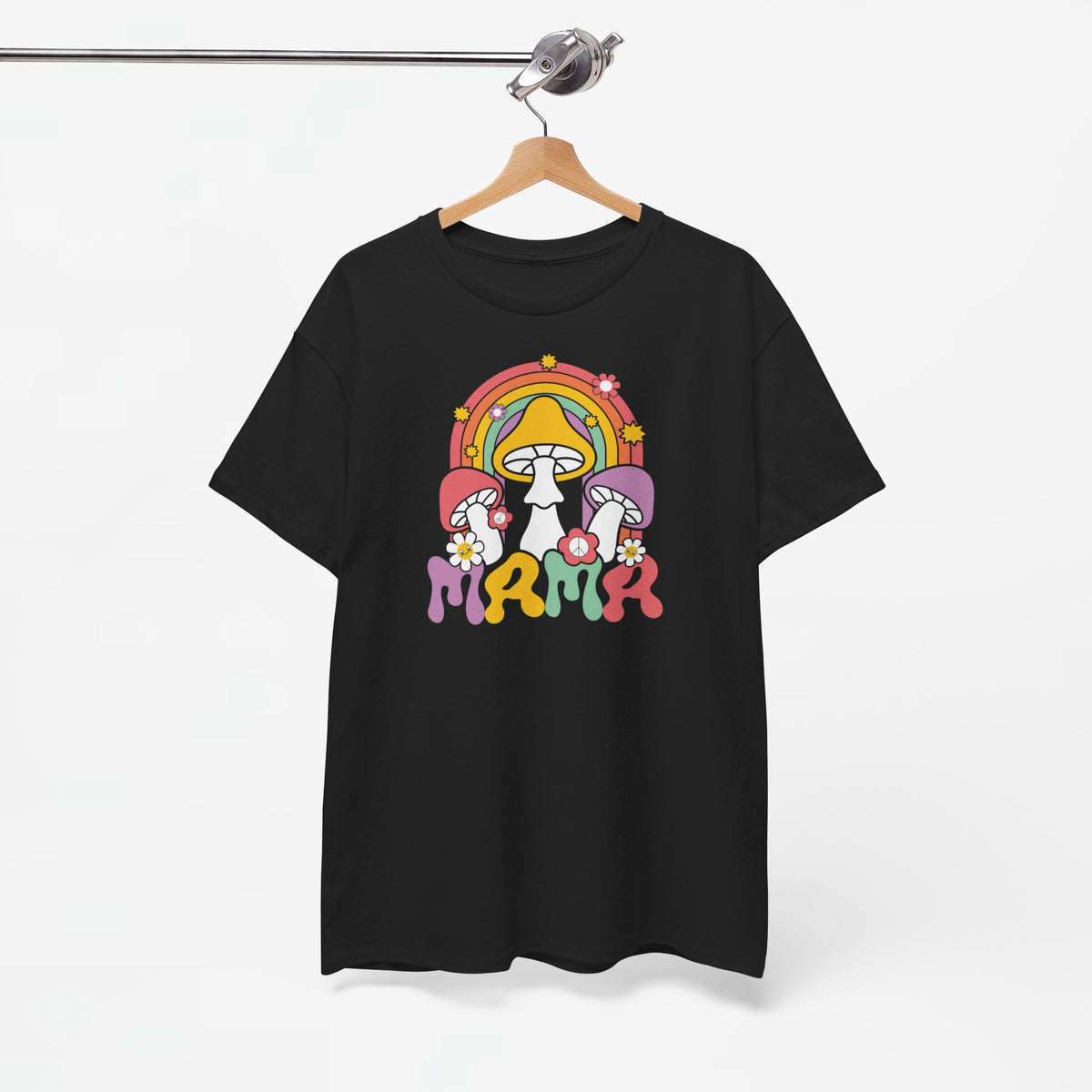 Zwart T-shirt met regenboogpaddenstoelprint en 'mama' letters