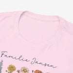 Roze T-shirt close-up van ronde hals en bloemprint met gepersonaliseerde tekst
