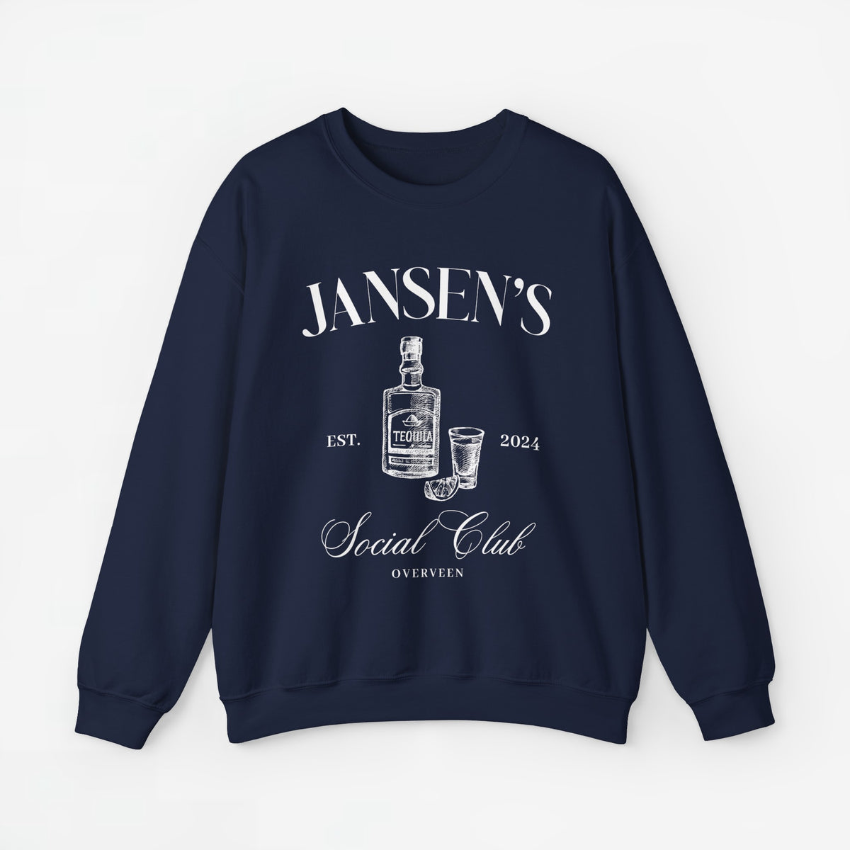 Navy sweater met ronde hals en lange mouwen, borstprint met JANSEN’S en Social Club