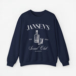 Navy sweater met ronde hals en lange mouwen, borstprint met JANSEN’S en Social Club