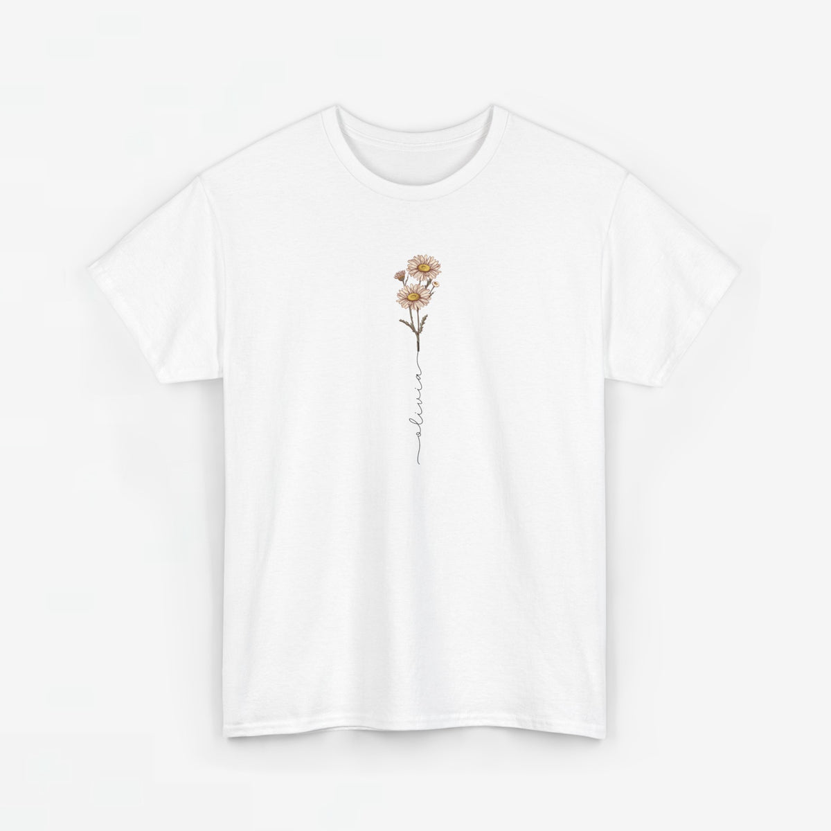 Wit T-shirt met ronde hals en bloemapplicatie met sierlijke slingerende tekstlijn
