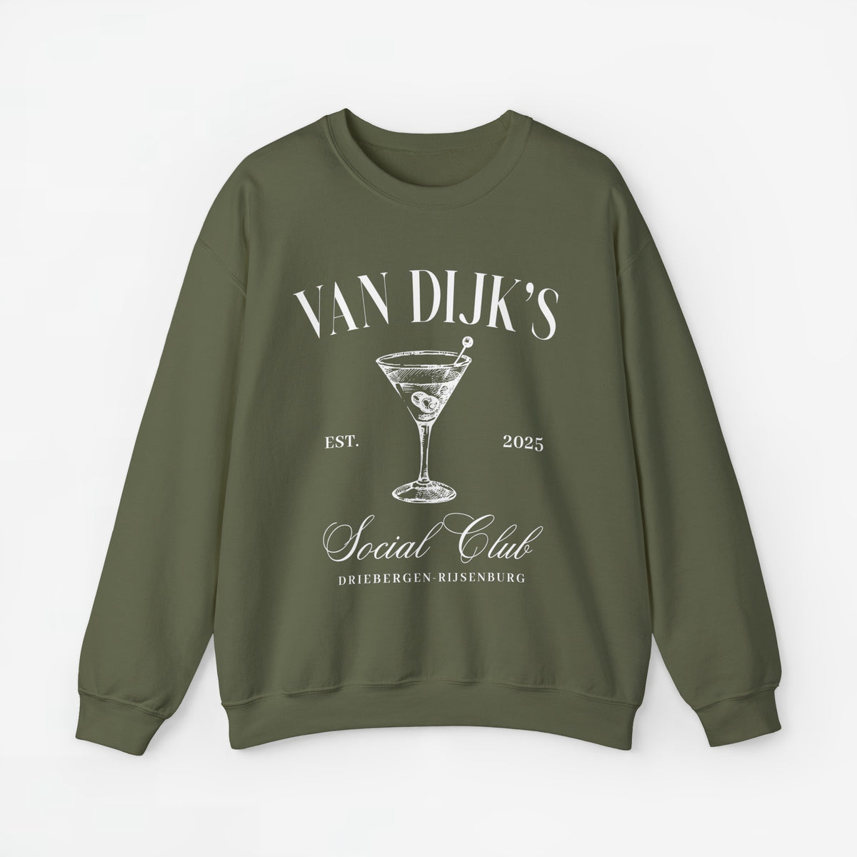 Militairgroene sweatshirt met grote kermiskelkprint en tekst voorop