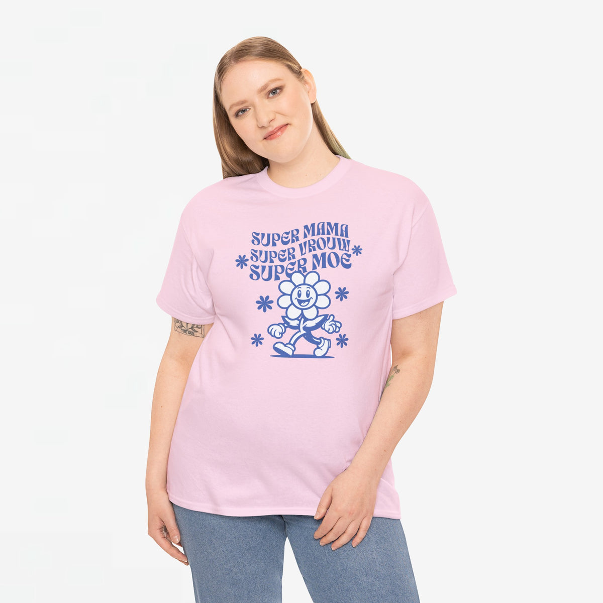 Roze oversized t-shirt met ronde hals en blauwe ‘Super Mama’ print