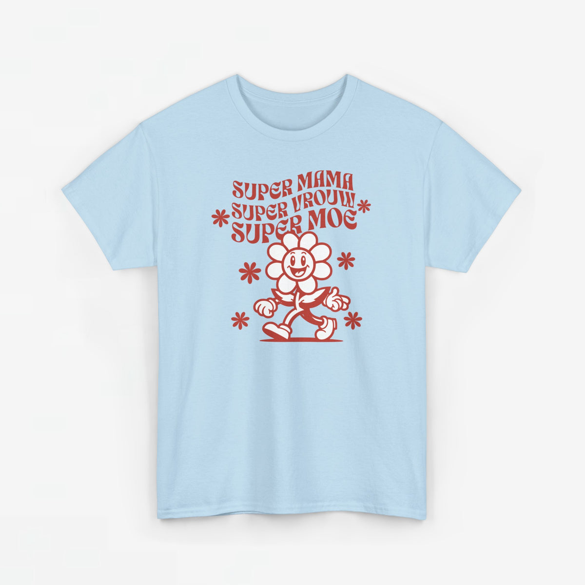 Lichtblauwe oversized T-shirt met ronde hals en rode 'Super Mama' print voorop