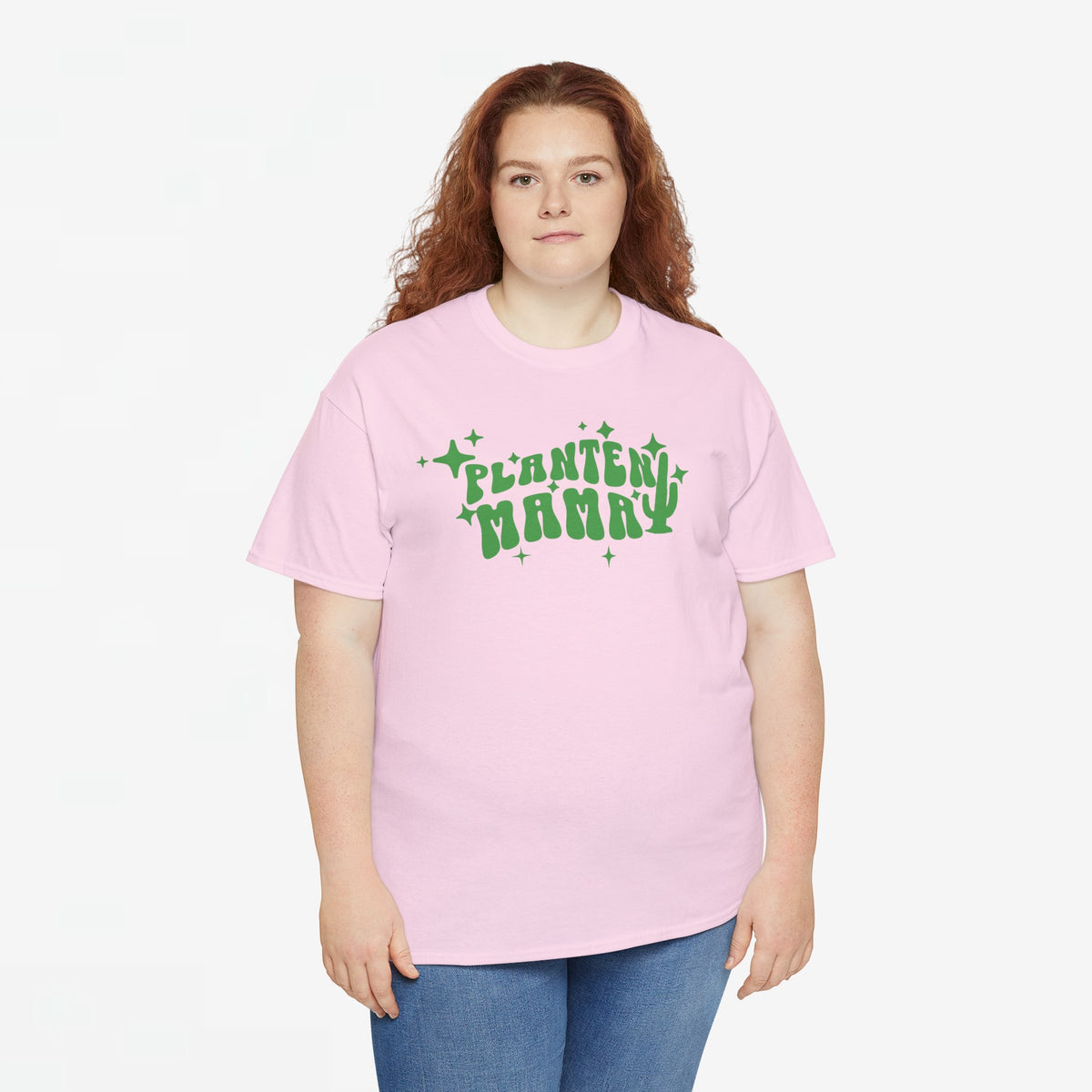 Roze T-shirt met ronde hals en groene PLANTEN MAMMA print op de borst