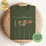 Groen T-shirt met 'Mama's Bloemen' en kleurrijke bloemstelen, gepersonaliseerde tekst