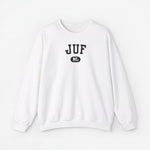 Witte sweater met ronde hals en JUF NL-print op de borst