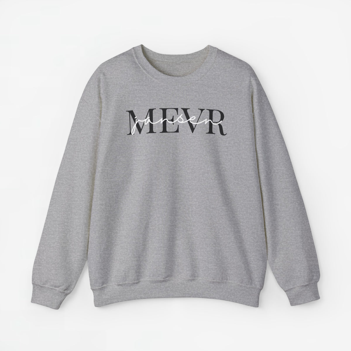Gepersonaliseerde sweater grijs met 'MEVR' bedrukking voorzijde