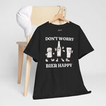 Zwarte oversize T-shirt met witte tekst 'Don't worry' en bierfiguren voorop