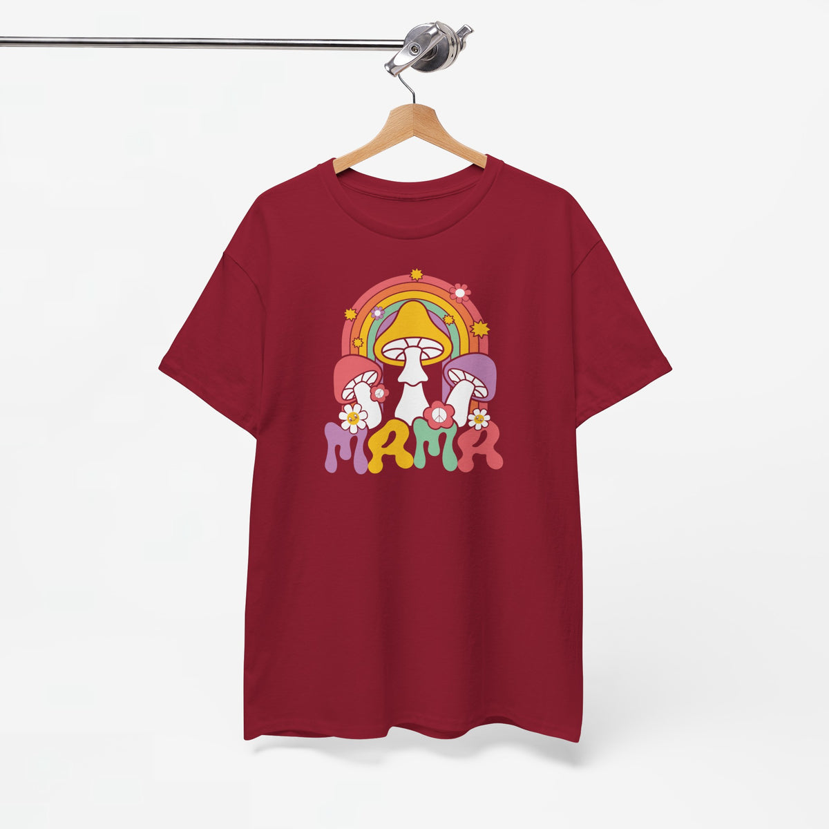 Oversized T-shirt bordeaux met paddenstoelenprint, op hanger