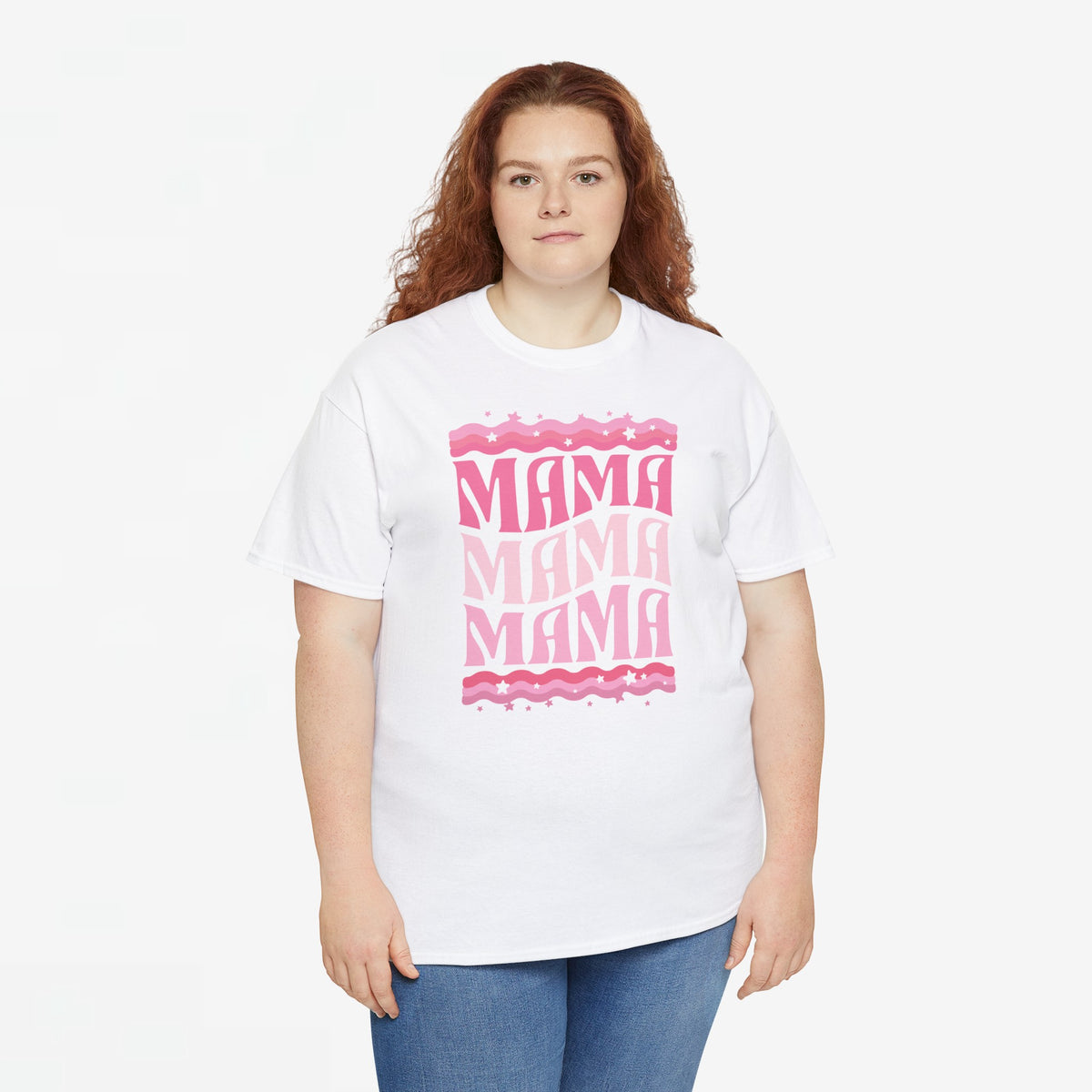 Witte oversized T-shirt met roze MAMA-print, ronde hals en korte mouwen