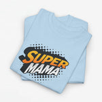 Lichtblauw oversized T-shirt met print "SUPER MAMA" op de borst.