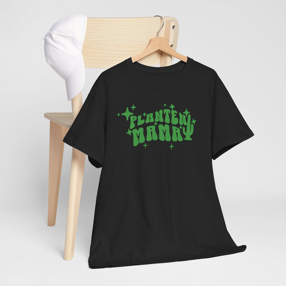 Zwart oversized T-shirt met groene 'Planten Mamma'-print op de borst