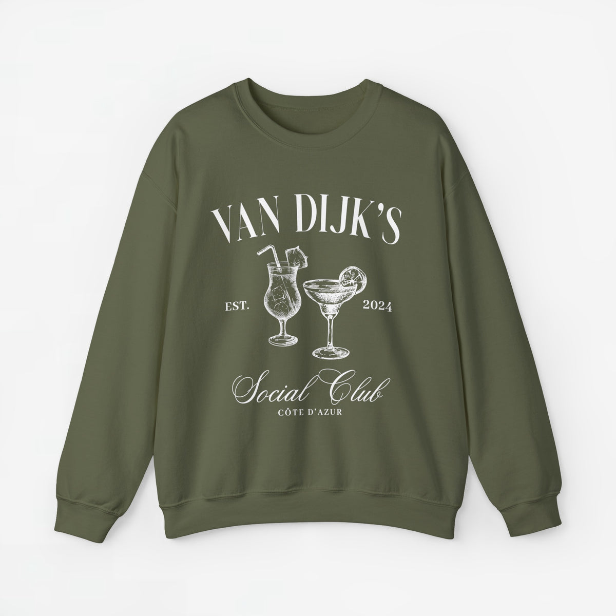 Militairgroene sweater met ronde hals en bedrukking met glazen en 'Social Club'.