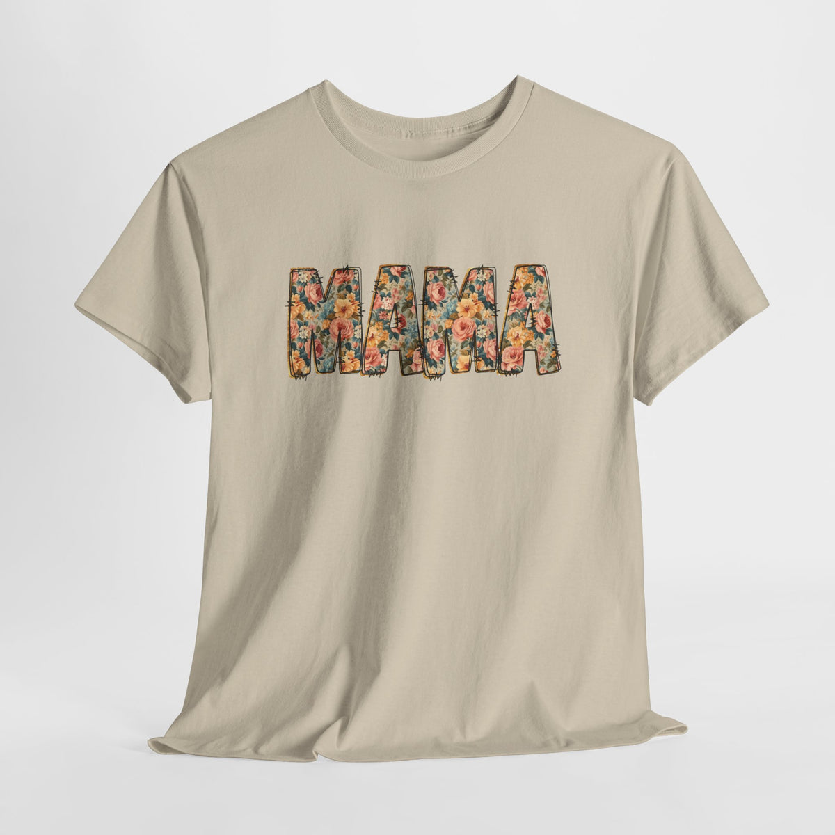 Beige T-shirt met bloemenprint “MAMA” op de borst, vooraanzicht