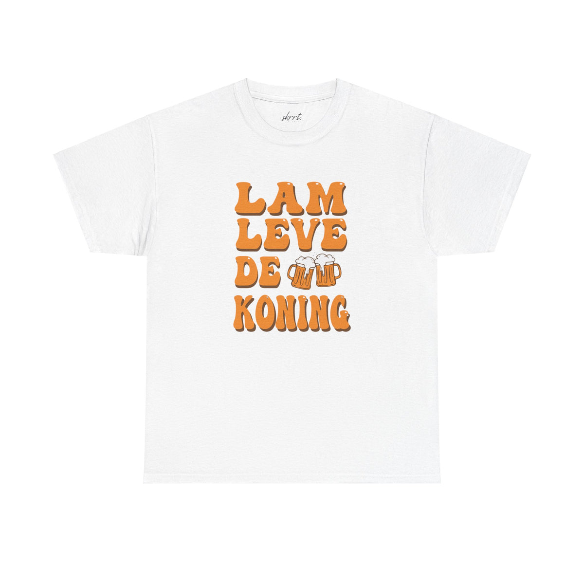 Wit heren T-shirt met oranje tekstprint 'Lam Leve de Koning' op borst.