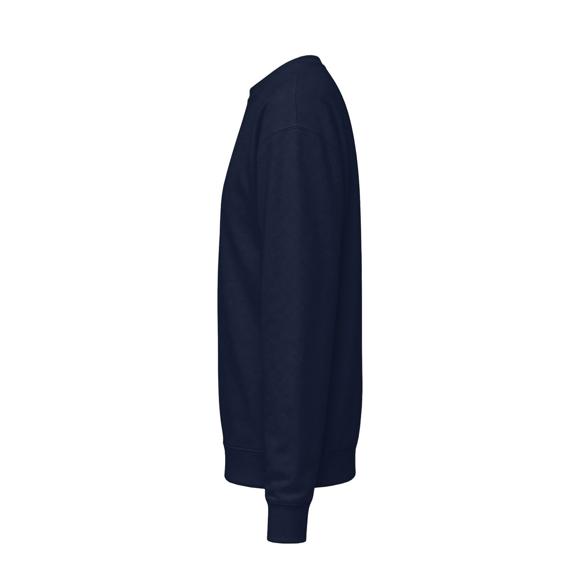 Navy varsitytrui zijkant met lange mouwen en ronde hals.