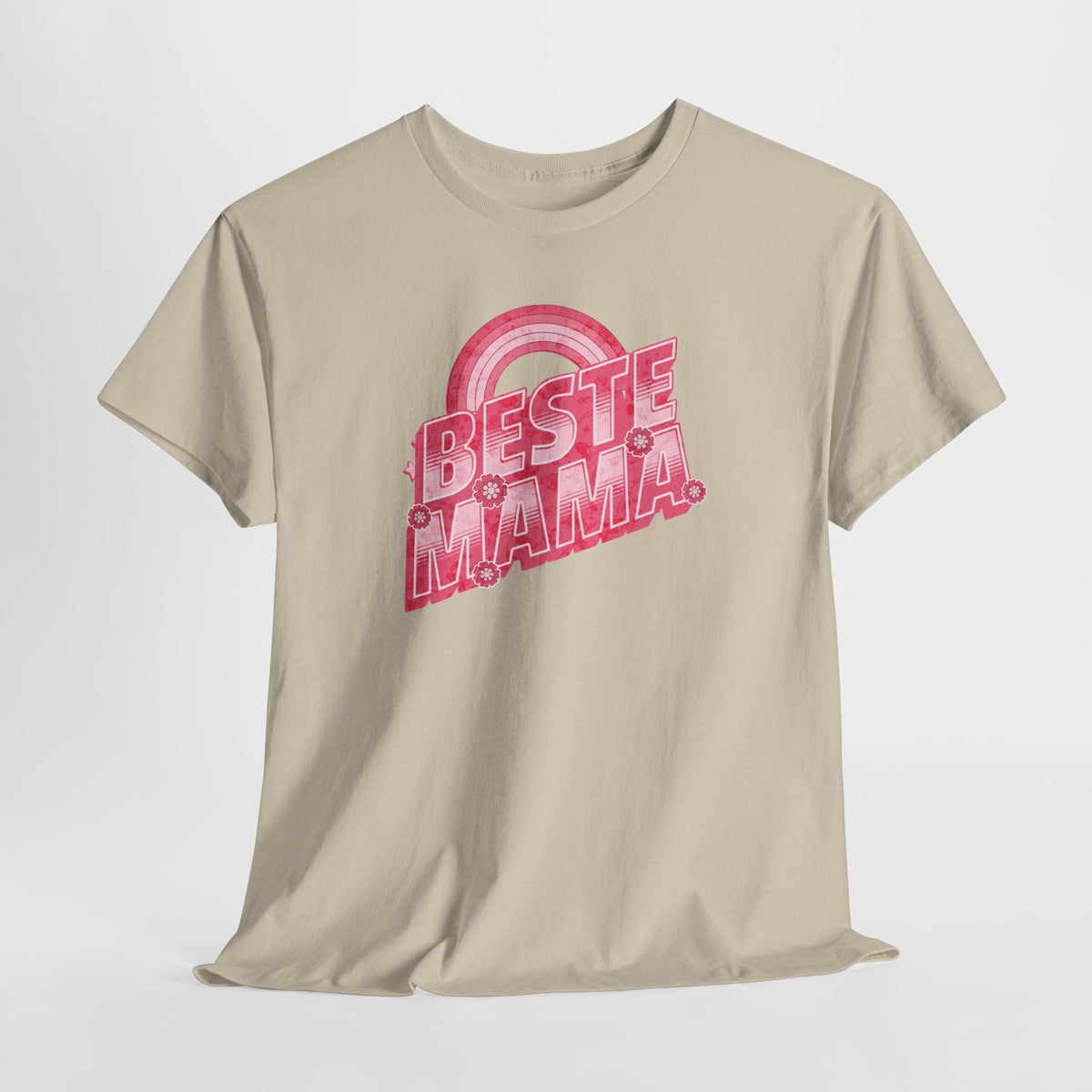 Zandkleurige T-shirt met roze “Beste Mama” opdruk op de borst