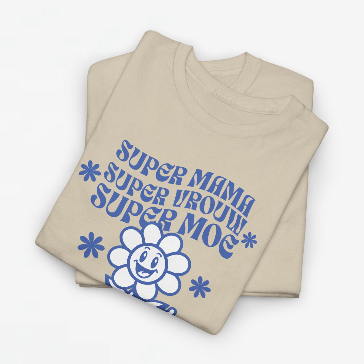 Oversized zandkleurige t-shirt met blauwe moederdag-tekst en bloem/knuffelprint