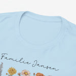 Detail van lichtblauwe T-shirtkraag met bloemenprint en sierlijke tekst