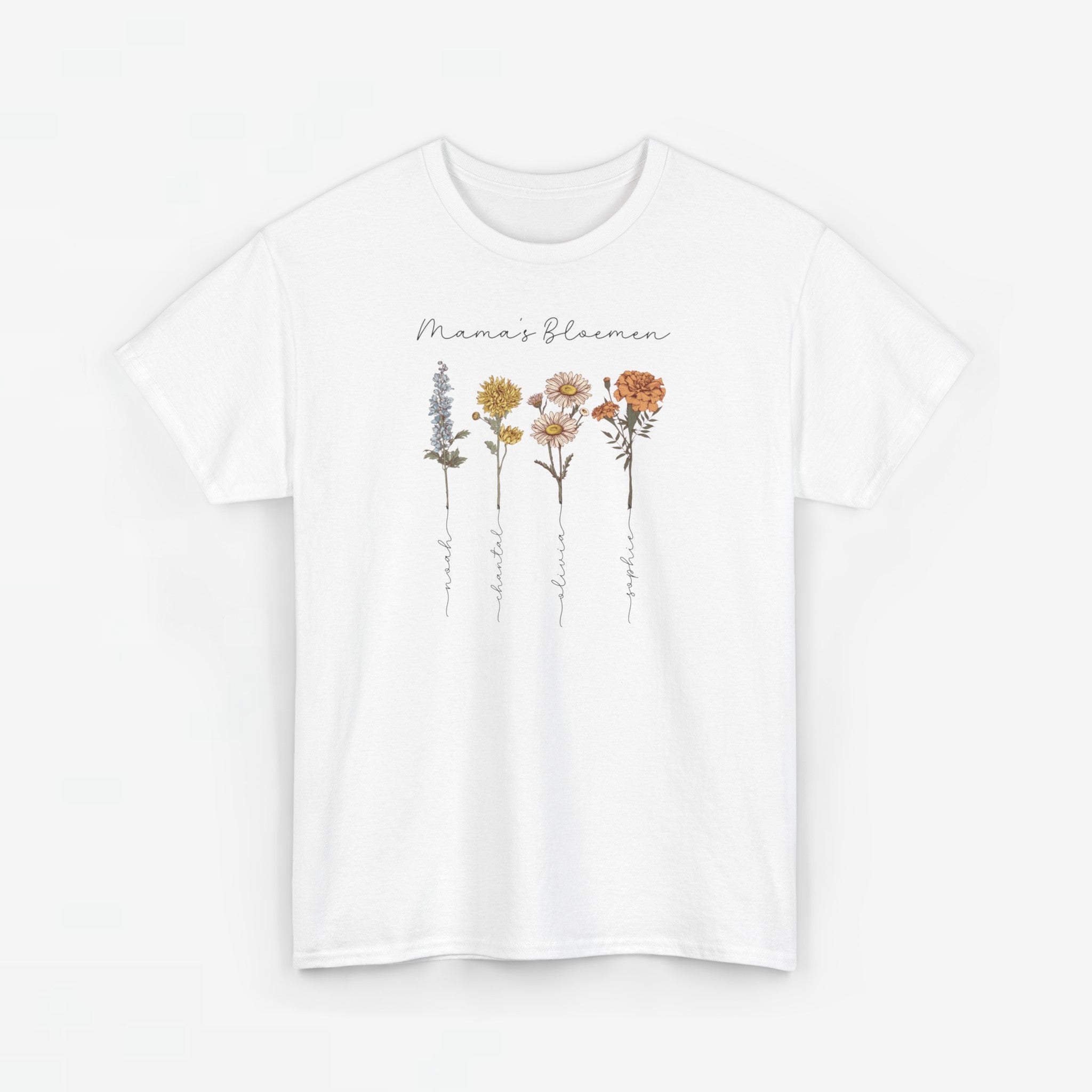 Gepersonaliseerde Moederdag Mama Cadeau - T-shirt - Mama's bloemen met namen en geboortemaand bloemen (zwarte tekst)