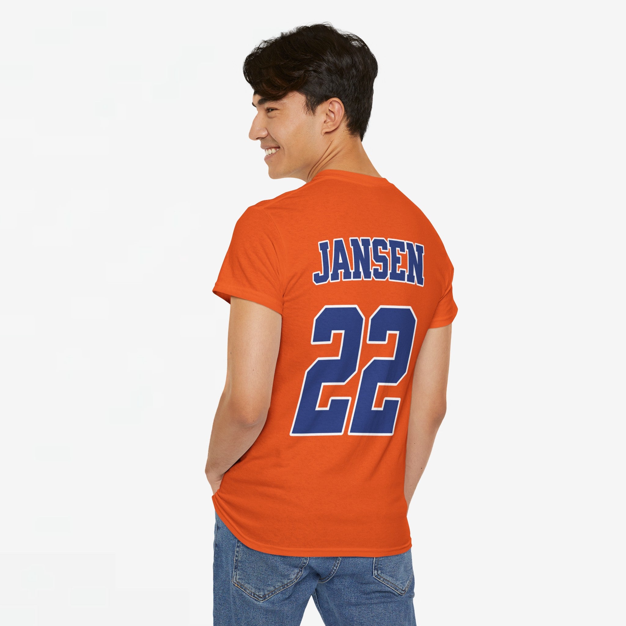 Oranje T-shirt voor EK, WK en Koningsdag - Personaliseer met Naam, Jaar & Rugnummer - ORANJE (blauwe tekst)