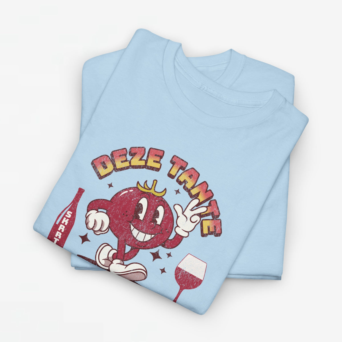 Lichtblauwe oversized T-shirt met rode cartoonprint en wijnglas, opdruk met tekst