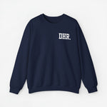 Donkerblauwe herentrui met ronde hals en witte opdruk DHR op de borst