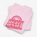 Roze oversized t-shirt met grote opdruk “BESTE MAMA” en regenboogcirkel