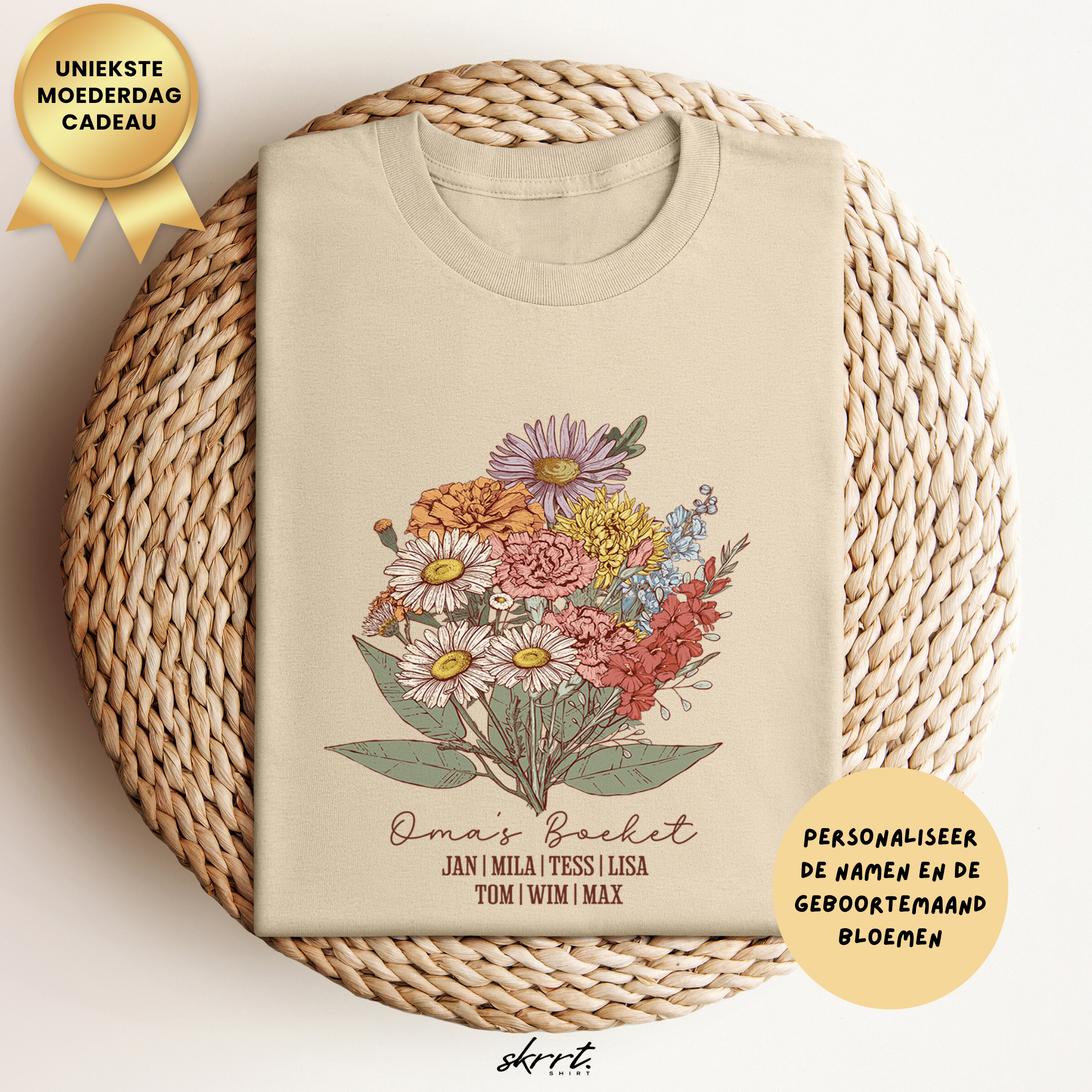 Gepersonaliseerde Moederdag Mama Cadeau - T-shirt - Oma's boeket met namen en geboortemaand bloemen