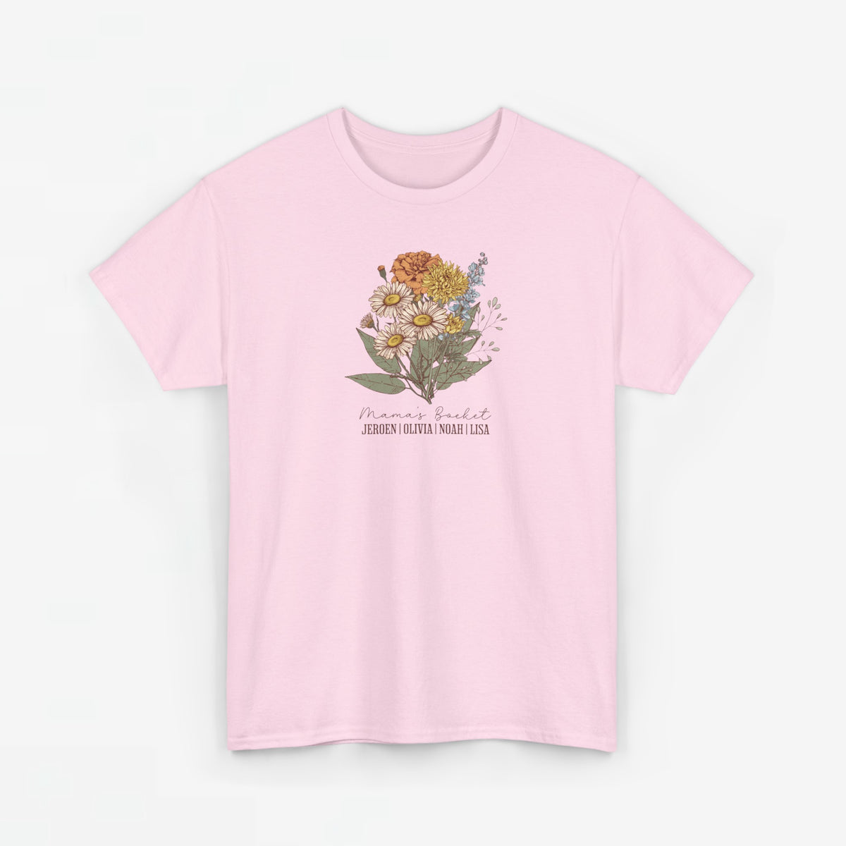 Roze T-shirt met bloemenboeket-opdruk en tekst in het midden, korte mouwen